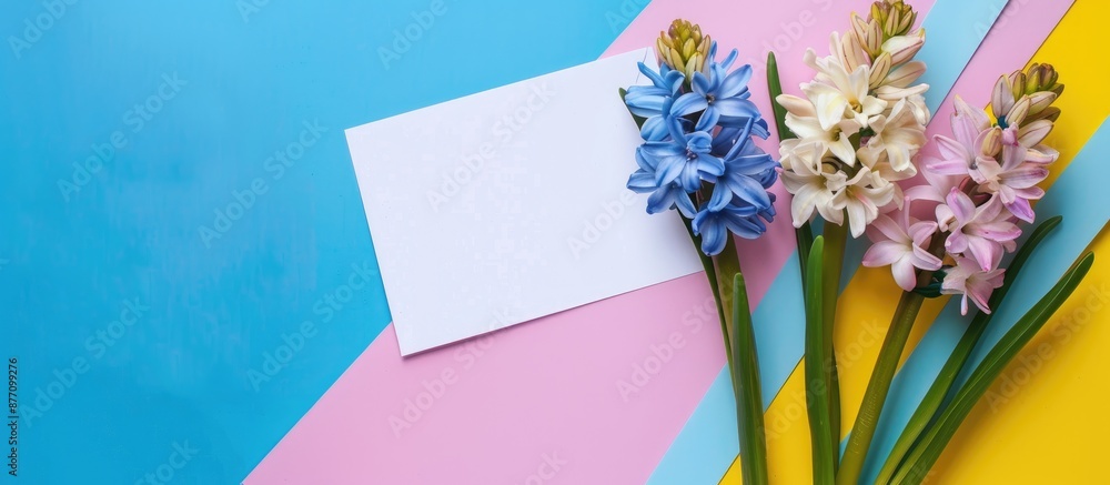 Canvas Prints Spring hyacinth flowers in a flat lay composition with a blank card on a colorful background, offering ample space for text input.