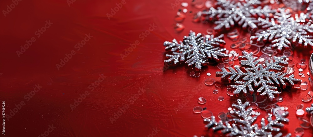 Poster Bright red background adorned with silver sparkly snowflakes for Christmas, featuring copy space image and selective focus.