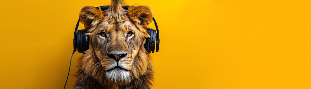 Lion wearing headphones, yellow background, portrait shot