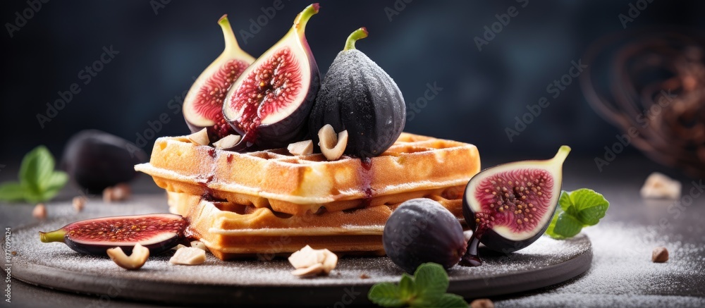 Poster gourmet dessert featuring a fresh fig slice on a waffle with copy space image.