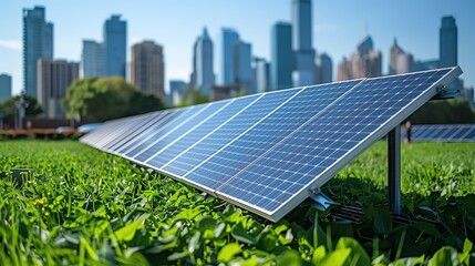 Fototapeta premium Solar panels installed on an urban rooftop garden against a cityscape, representing green energy in modern cities