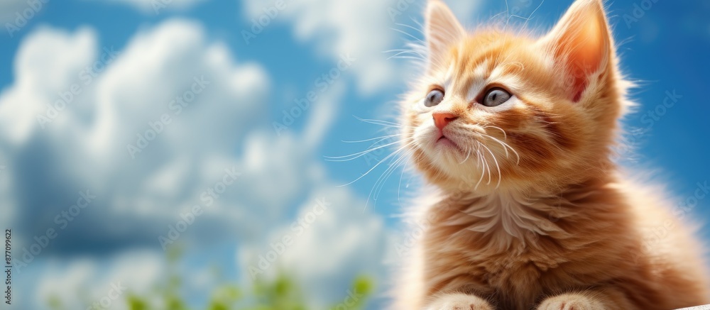 Poster adorable red kitten gazing at the sky in an endearing manner, offering a charming element to any cop
