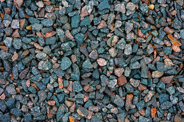 Background with the texture of colored rough pebbles. Dark wet pebbles. Photo from above. Close-up