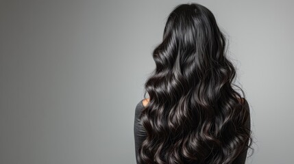 Fototapeta premium Back view of a woman with long, curly black hair