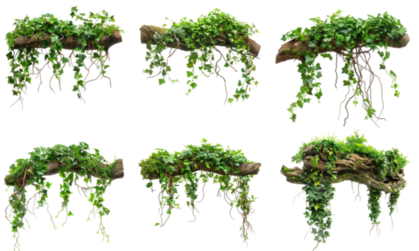 Set of branches, each covered in green ivy vines, hang against a white background. The vines drape downward and have various textures