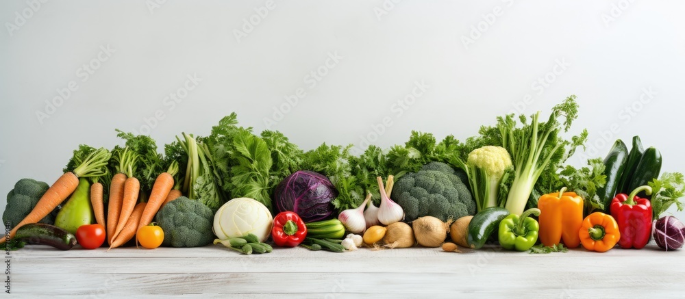 Poster Various vegetables arranged on a table showcasing a trendy vegetarian lifestyle with the possibility of adding text or images on the clear area in the frame - known as a copy space image.
