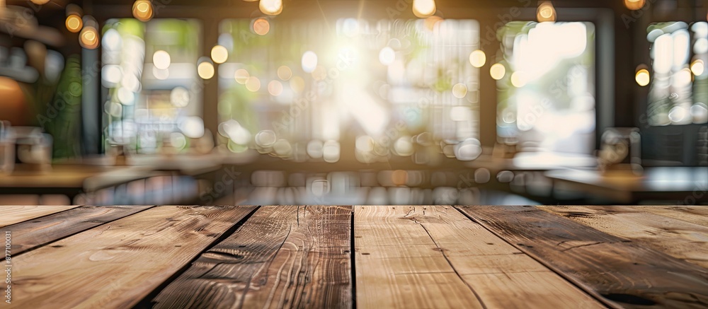 Poster blurred background of a coffee shop restaurant against a focused empty brown wooden table intended f