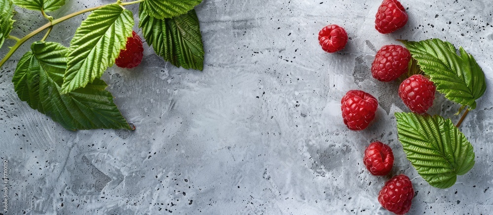 Poster Design mockup featuring a ripe raspberry with green leaves on a concrete background, with space for adding an image.