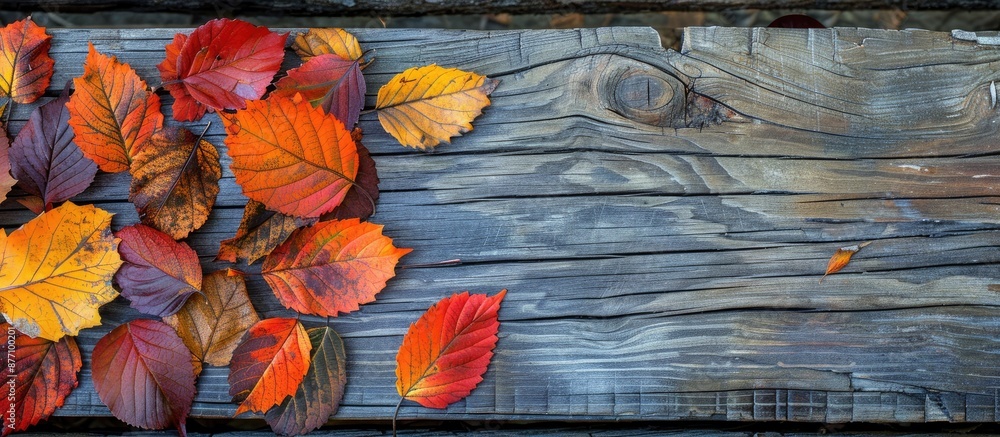 Aufkleber autumn leaves in various colors on a wooden backdrop with room for a copy space image.