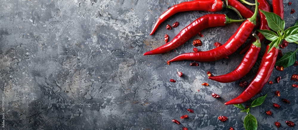 Aufkleber top view of red hot chili peppers on a concrete slate with a background ideal for adding text or gra
