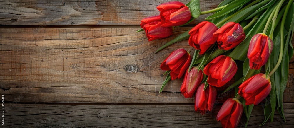 Poster A vibrant bunch of red tulips displayed on a wooden table, creating a charming background for a copy space image.