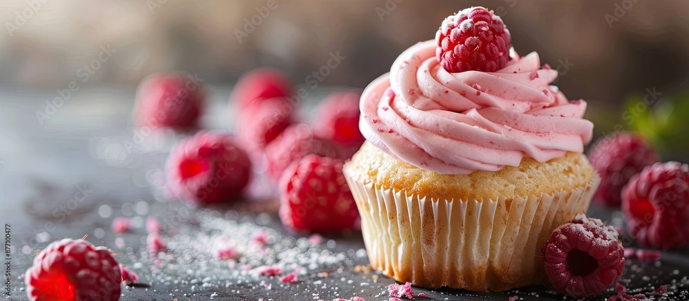 Poster raspberry cupcake on the table, with a close-up view, ideal for designs with copy space image.