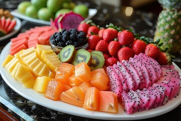 A gourmet platter of fresh fruit, including exotic varieties like dragon fruit, passion fruit, and starfruit, artfully arranged. 