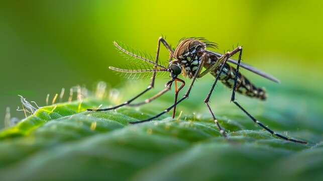 Macro shot of a mosquito sitting on a green leaf