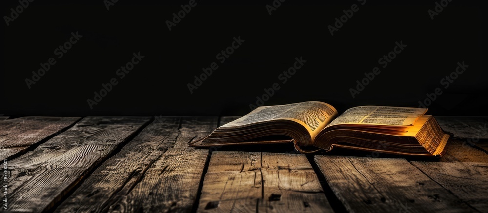 Poster a book on a wooden table with a black background, allowing for copy space in the image.