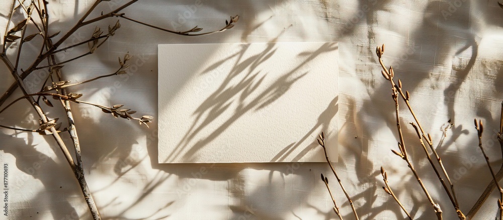 Poster top view flat lay of a blank greeting card surrounded by dried twigs casting shadows on a beige line
