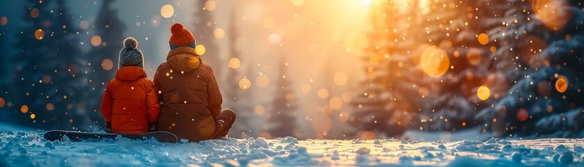 Naklejka premium Family enjoying a snowy holiday Skiing, snowboarding, and hot cocoa by the fire