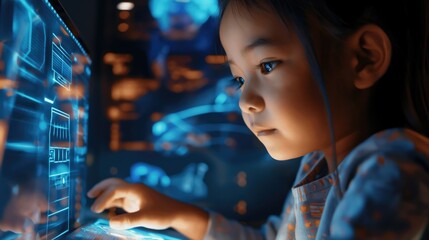 Little asian preschool or primary school girl sitting at night with futuristic digital overlay technology tablet as new way of teaching concept
