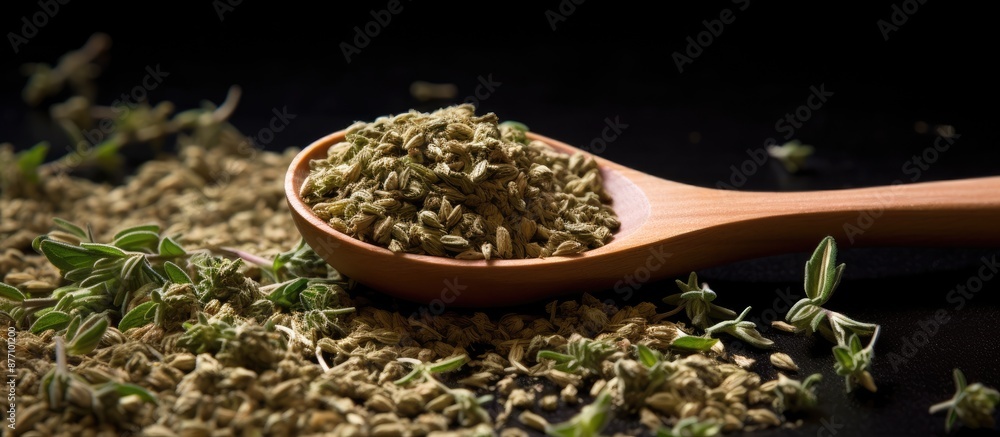 Poster a top-down view of dried oregano herbs in a wooden spoon against a black background with a close-up 