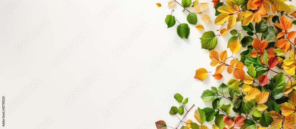 Fototapete a flat lay image displaying yellow, green, and red autumn leaves on the right side of a white backgr