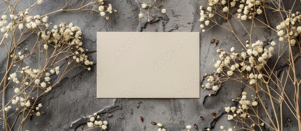 Poster top view flatlay of a greeting card mockup surrounded by dried gypsophila flower twigs on a textured