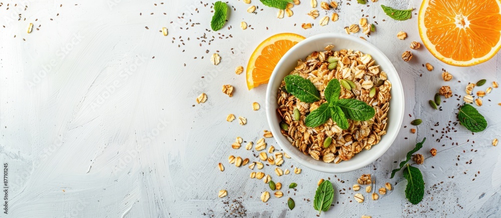 Poster granola with orange slices, mint, and seeds on a white table with space for text or images.
