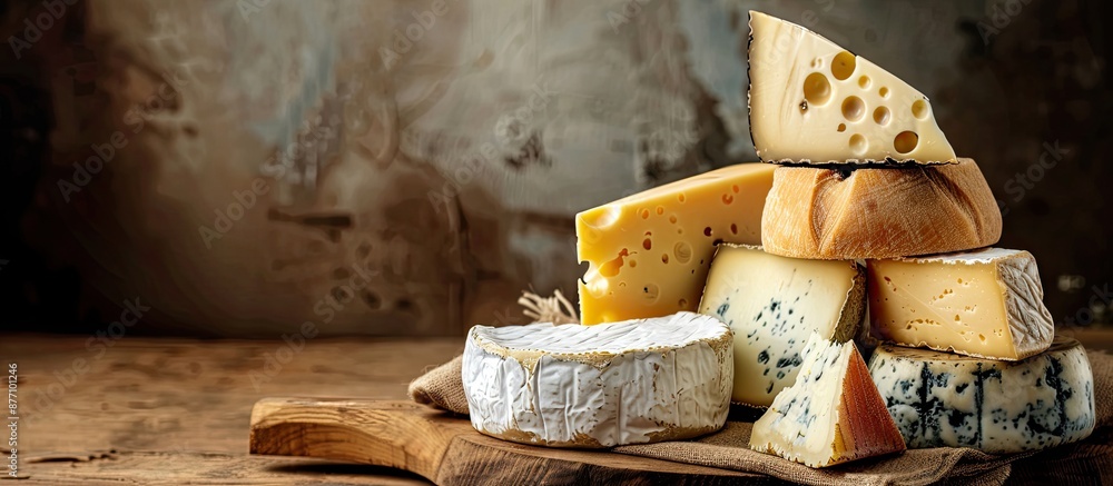 Poster Various types of cheeses for antipasto or aperitif, displayed on a rustic table with a food background and space for copy image.