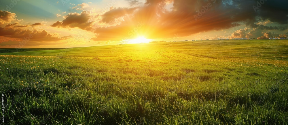 Poster scenic green field with a stunning sunset glow providing a great backdrop for a copy space image.