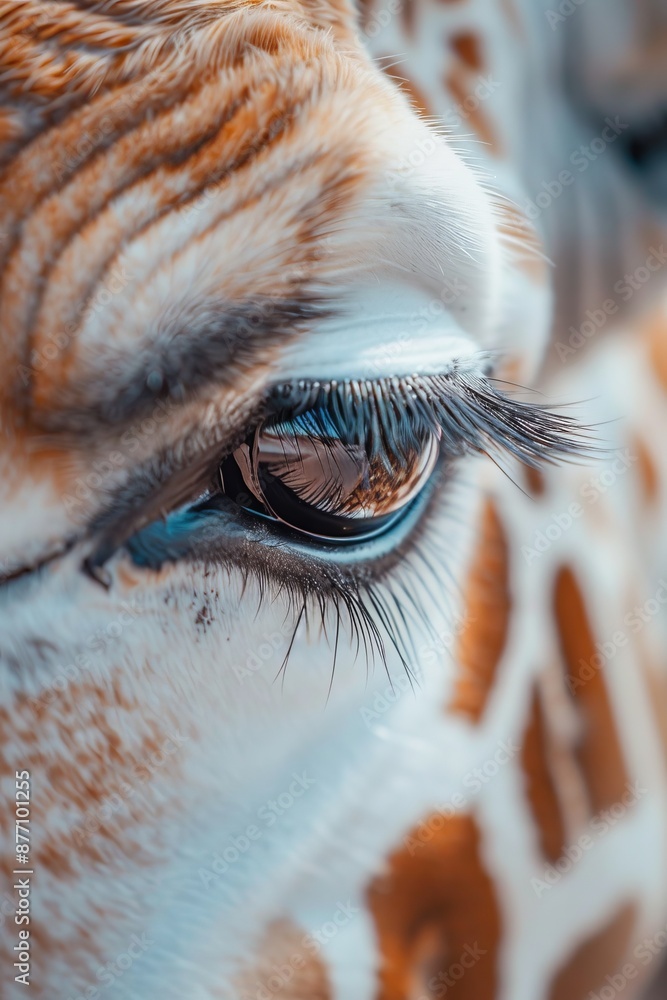 Poster  A tight shot of a giraffe's expressive eye, accompanied by its noble head in the backdrop