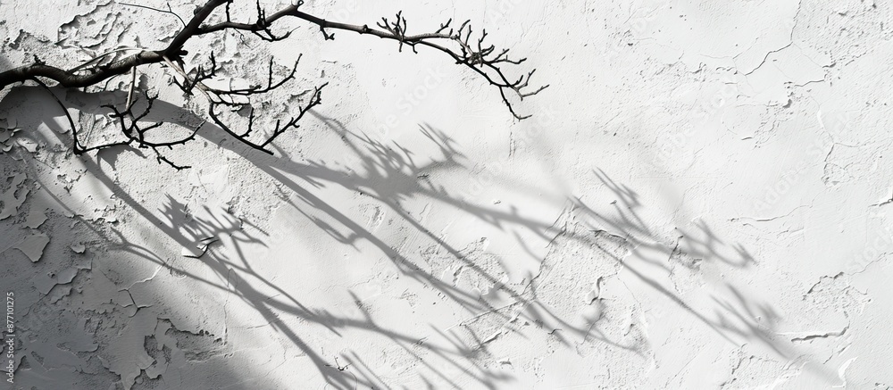 Fototapete monochrome tonal composition on white concrete wall texture with abstract tree branch shadows, ideal