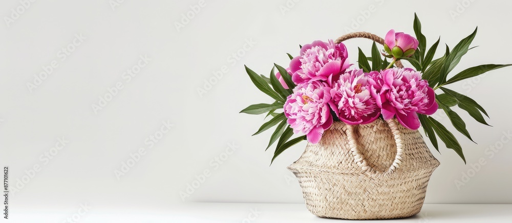 Poster fresh pink peonies in full bloom displayed in a straw bag on a white background with room for text. 