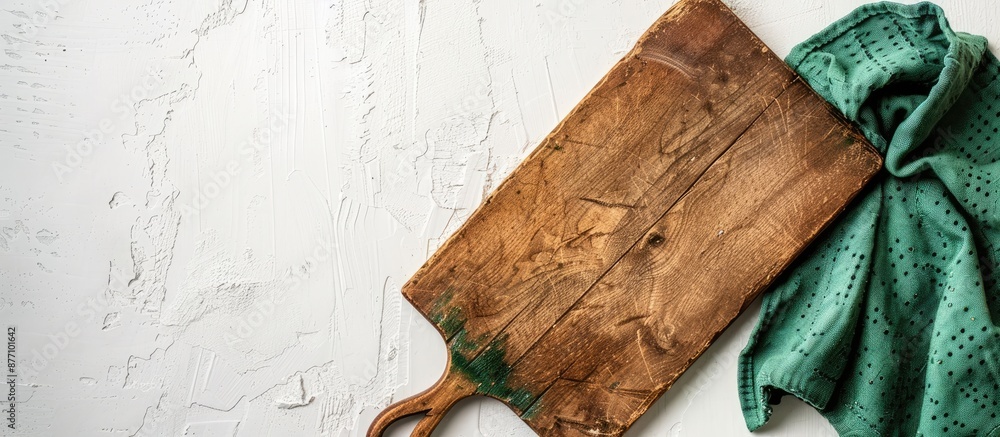 Fototapete A vintage rectangular cutting board with a handle is placed on a white table beside a green towel, accompanied by a blank area on the left for text or design in a copy space image.