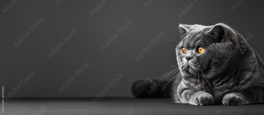 Poster scottish fold cat with a grey coat and vibrant yellow eyes, resting gracefully with a blank space fo