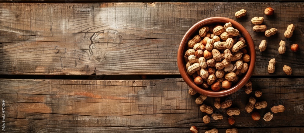 Aufkleber a wooden table displays a bowl of peanuts with space for text or images.