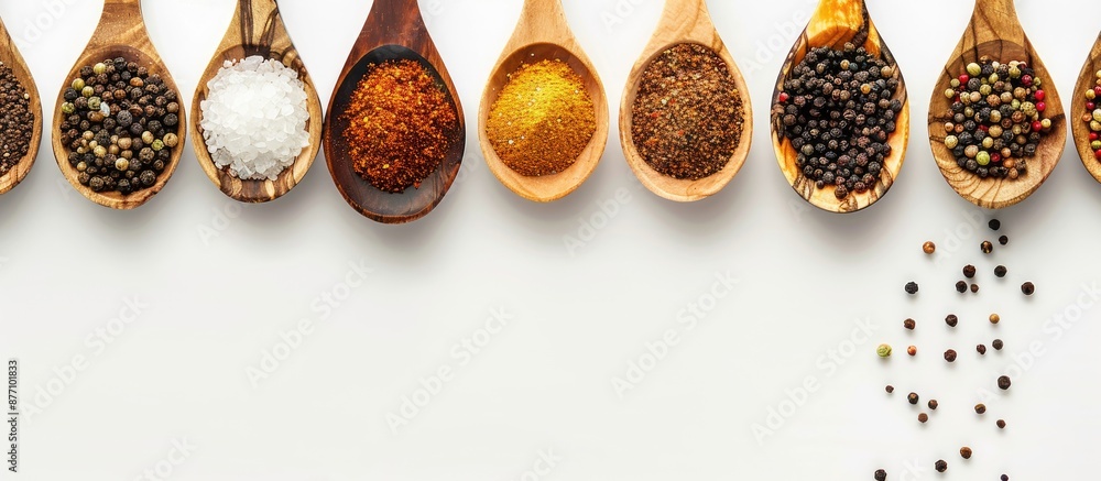 Poster wooden spoons with spices and seasonings on a white background with room for text in the image.