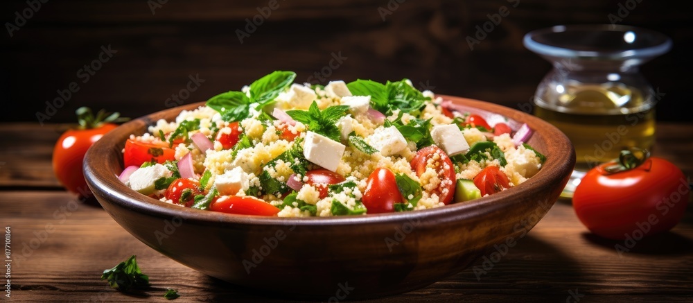Poster tabbouleh salad made with couscous, feta cheese, tomatoes, basil, and chili placed on a wooden table