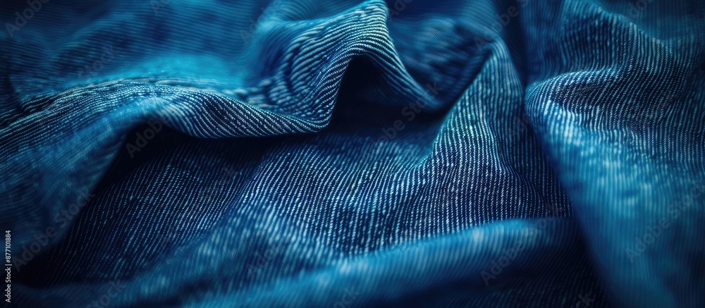 Poster fashionable design displayed on denim fabric, offering a classic blue jeans background with empty co