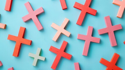 Bold, colorful crosses arranged in a minimalist pattern on a clean background
