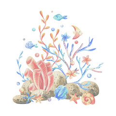 Sea corals, algae, shells, starfish, fish, bubbles. Watercolor illustration hand drawn in coral, turquoise and blue colors. Composition isolated from the background