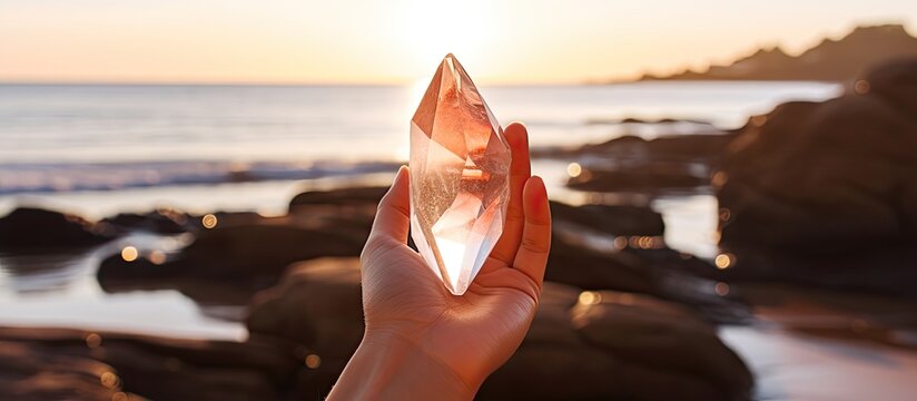 A radiant sunstone in hand against a sea background, ideal for copy space image.