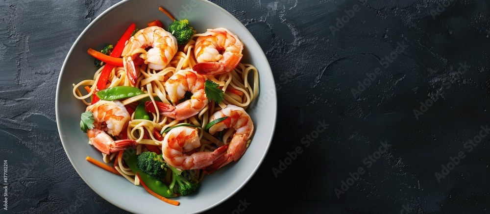 Poster A bowl containing stir-fried noodles, veggies, and shrimp, set against a simple background ideal for adding text or other elements - a copy space image.