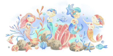 Mermaid little boy and girl with sea corals, algae, shells, starfish, fish, bubbles. Watercolor illustration hand drawn in coral, turquoise and blue colors. Composition isolated from the background © NATASHA-CHU
