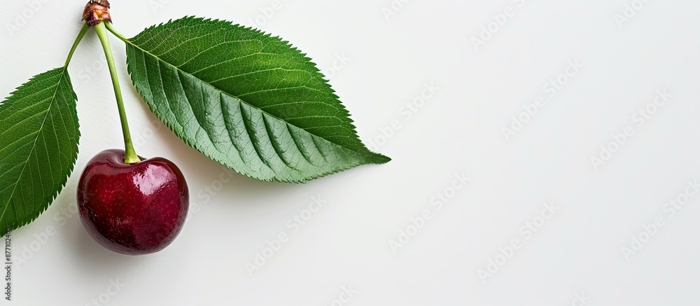 Poster top view of a cherry with a green leaf against a white backdrop, with copy space image.
