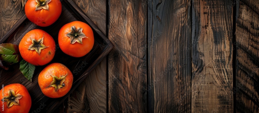 Poster top view of ripe persimmons fruit on a dark wooden board with copy space image.