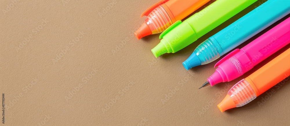 Poster copy space image of colorful highlighters on a brown backdrop.