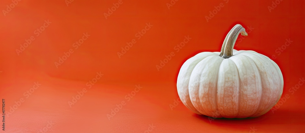 Poster a single white pumpkin displayed on an orange backdrop with ample copy space image.