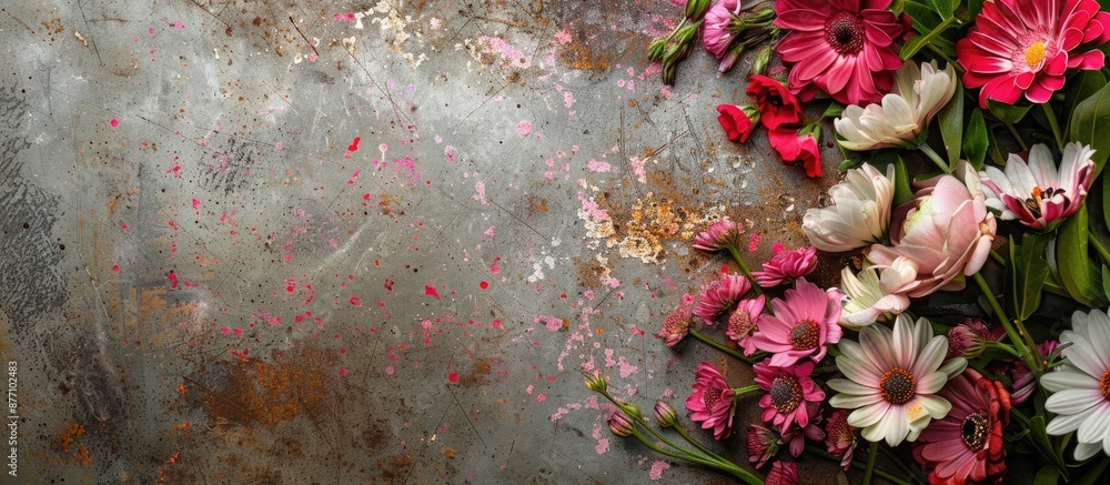 Aufkleber Flowers arranged on a metallic surface with an empty area for additional visuals or text, known as a 'copy space image.'