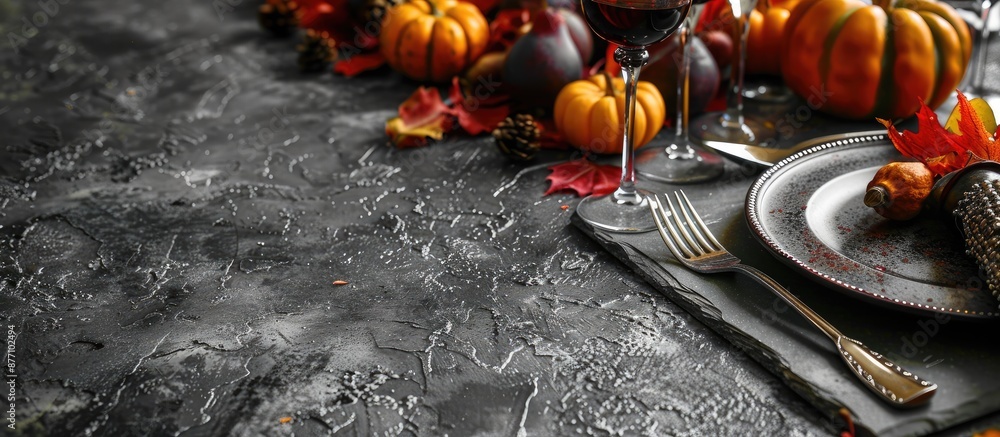 Aufkleber Thanksgiving or autumn harvest table setting on a rustic table with a stone or slate surface, providing a warm and inviting display with a copy space image.