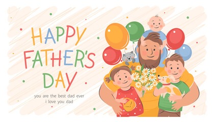 Fototapeta premium Happy Father's Day! Vector cute illustration of dad with children. Drawings Father's Day with holiday wishes for postcards, posters, banner.
