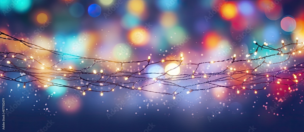 Aufkleber Top view of Christmas lights glowing against a colorful background with copy space image.